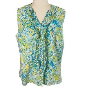 Kim Rogers Petite 100% Linen Sleeveless Notched V-Neck Ruffle Top Size PL